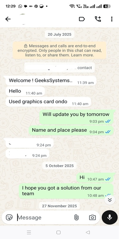 Customer enquiry chat asking about used graphics card availability with follow-up support from the service team.