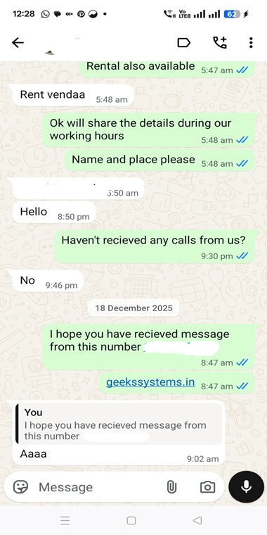 Customer support chat discussing rental availability and follow-up communication for computer services.