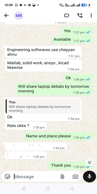 Customer support chat discussing laptop requirements for engineering software such as MATLAB, SolidWorks, ANSYS, and KiCad.