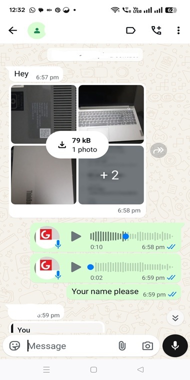 Customer enquiry chat showing shared laptop photos and voice messages for condition and requirement verification.