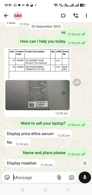 WhatsApp chat screenshot showing a real customer enquiry about selling a laptop, including product details, serial number image, and a discussion about display price and location.