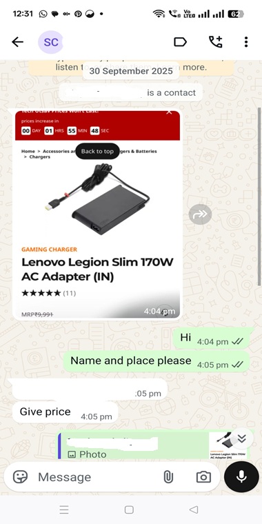 Customer enquiry chat about pricing and availability of a Lenovo Legion gaming laptop charger.