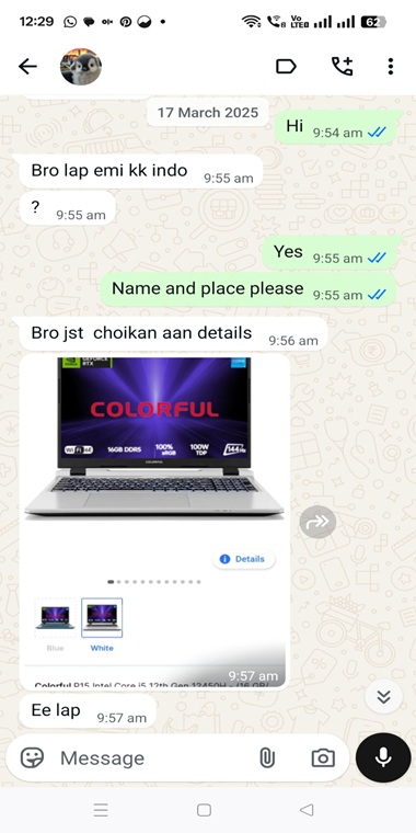 Customer enquiry chat asking about laptop EMI options with shared product details for selection.