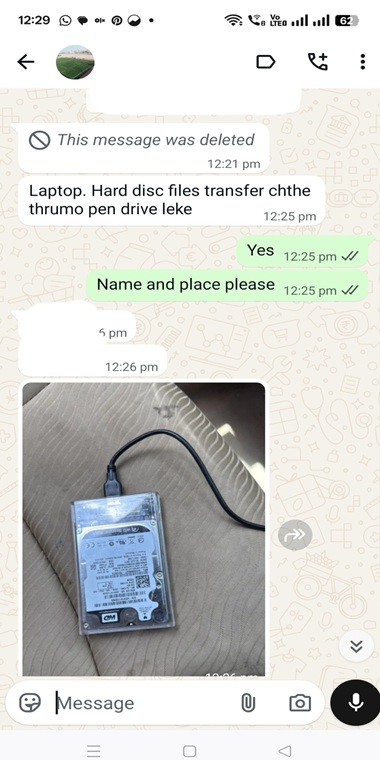 Customer support chat discussing laptop hard disk data transfer using a pen drive, with a hard drive shown for assistance.