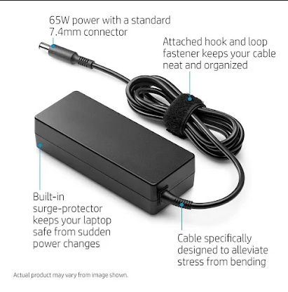 HP 65W laptop charger adapter with 7.4mm connector available at Computer & Laptop Accessories Shop in Kunnamkulam