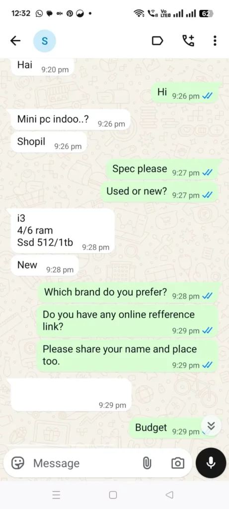 WhatsApp conversation screenshot showing a customer asking Geeks Systems about a mini PC with Intel i3 processor, RAM, and SSD storage requirements.