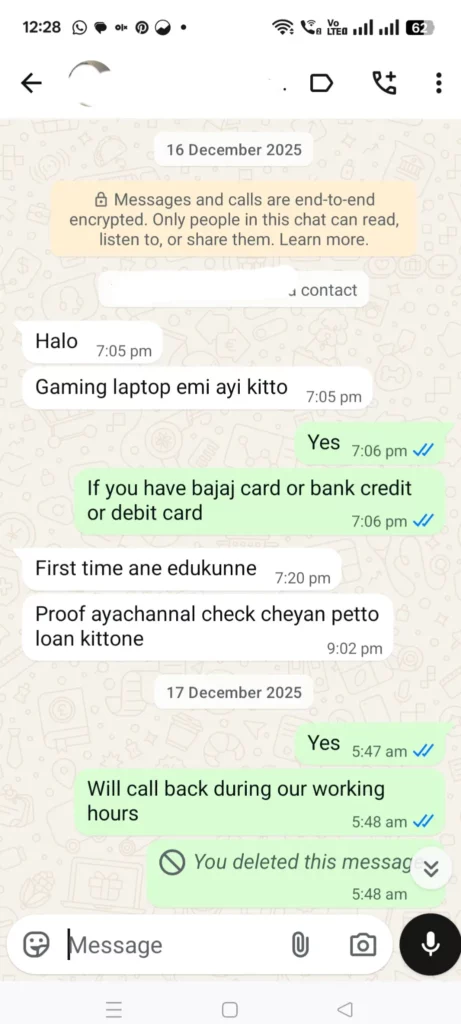WhatsApp chat screenshot showing a customer asking Geeks Systems about EMI options for a gaming laptop and receiving payment and loan-related assistance.