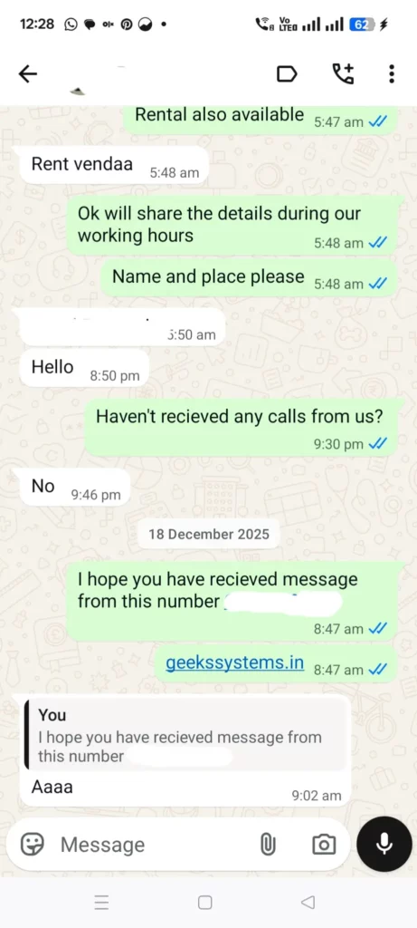 WhatsApp conversation screenshot showing Geeks Systems following up with a customer about laptop rental inquiries and customer support communication.