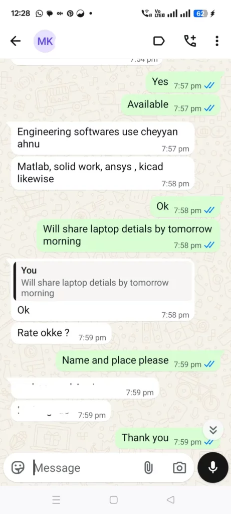 WhatsApp chat screenshot showing a customer discussing engineering software requirements for a laptop with Geeks Systems support.