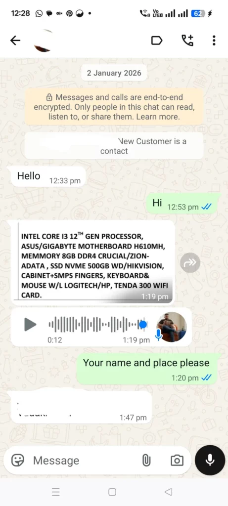 WhatsApp chat screenshot showing a customer discussing desktop computer specifications with Geeks Systems support.