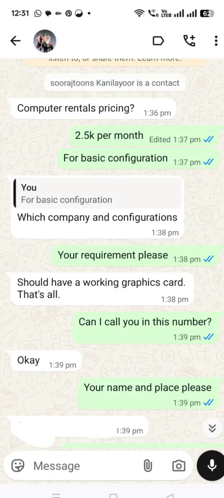 WhatsApp chat screenshot showing a customer asking Geeks Systems about computer rental pricing and graphics card requirements.