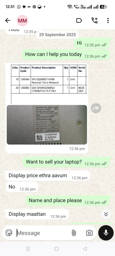 WhatsApp conversation screenshot showing a customer asking Geeks Systems about laptop display replacement pricing and repair support.