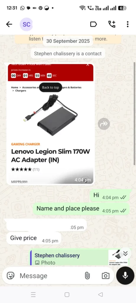 WhatsApp conversation screenshot showing a customer asking Geeks Systems about the price of a Lenovo Legion Slim 170W AC adapter charger.