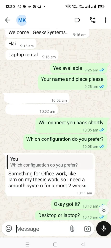 WhatsApp conversation screenshot showing a customer asking Geeks Systems about laptop rental for office and thesis work.