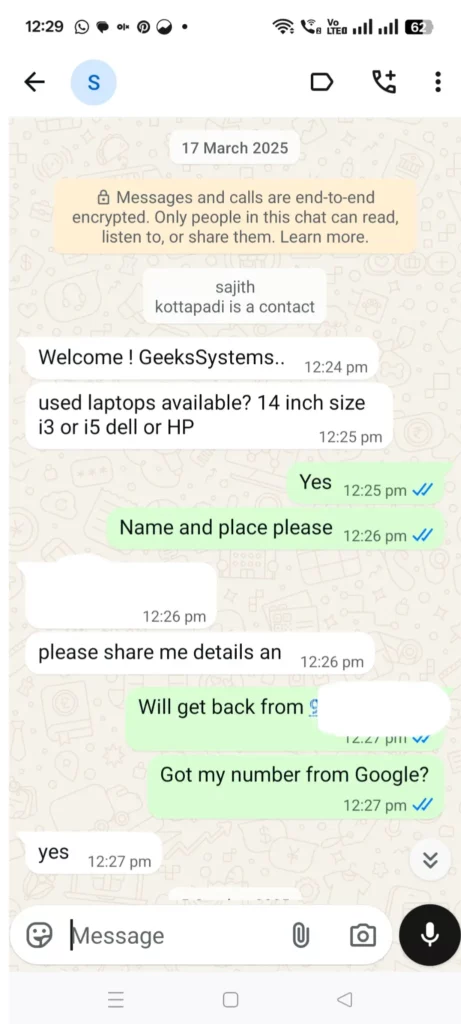 WhatsApp conversation screenshot showing a customer asking Geeks Systems about used Dell or HP laptops with 14-inch display and Intel i3 or i5 processors.