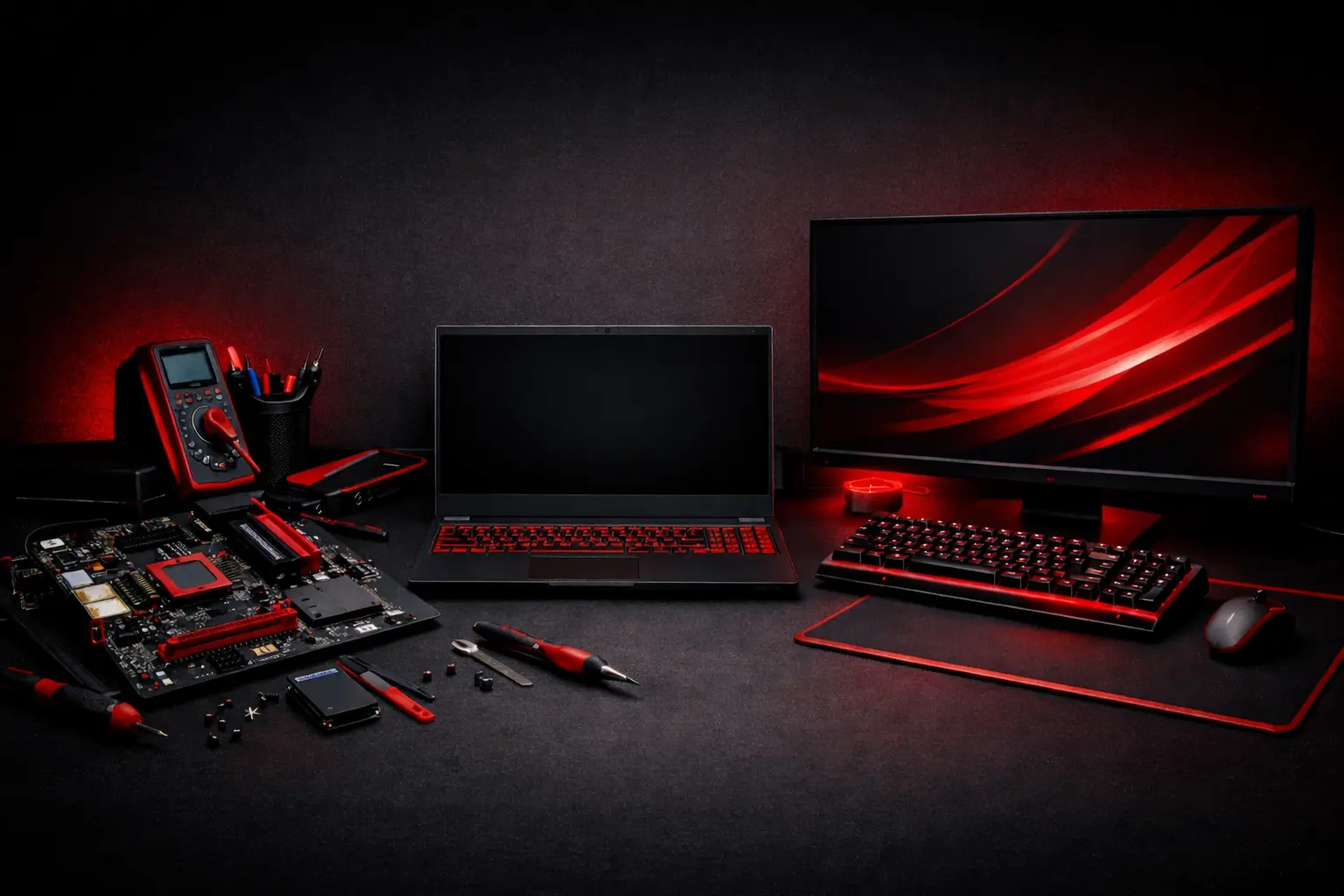 Gaming laptop and RGB desktop setup with red lighting, computer accessories, and modern tech workspace