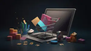 Desktop computer setup with online shopping graphics and digital ecommerce elements